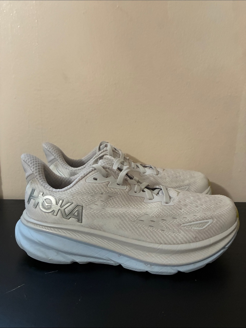 Hoka Clifton 9 in the Nimbus Cloud White colorway women’s size 7